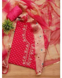 Unstitched Pink Silk Blend Embellished Dress Material With Dupatta	