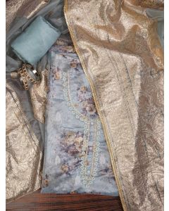 Teal Blue Floral Embellished Organza Dress Material with Dupatta