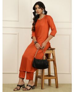 Rust Pleated Straight Kurta With Pants