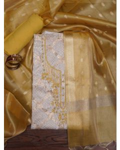 White Zari Woven Cotton Blend Dress Material with Dupatta
