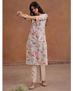 Beige Embroidered Tropical Printed Straight Kurta