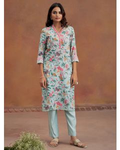 Blue Embroidered Tropical Printed Straight Kurta
