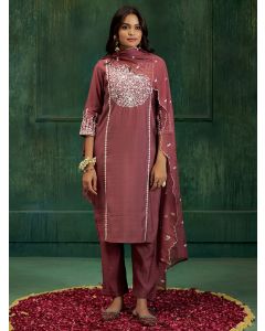 Mauve Resham Embroidered Festive Kurta Set With Dupatta
