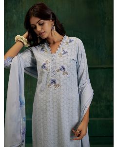 Blue Embroidered Cotton Schiffli Kurta Set With Dupatta