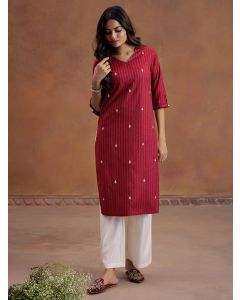 Maroon Self Woven Embroidered Straight Kurta