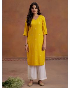 Mustard Self Woven Embroidered Straight Kurta