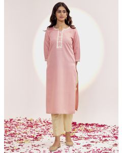 Peach Self Woven Dori Embroidered Kurta Set