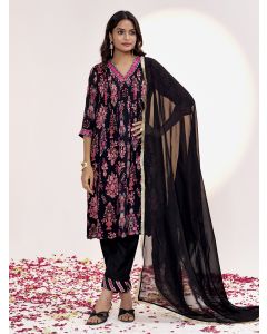 Black Mirror Embroidered Festive Flared Kurta Set With Dupatta