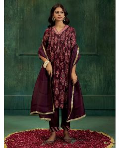 Wine Mirror Embroidered Festive Flared Kurta Set With Dupatta