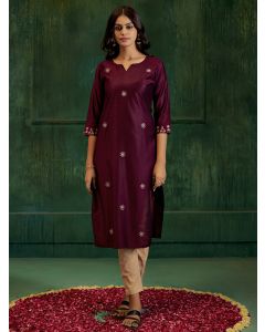 Burgundy Self Woven Embroidered Straight Kurta