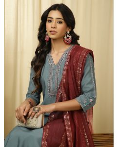 Silk Blend Grey Embroidered Suit Set 	