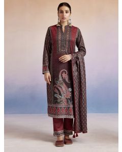 Rust Woolen Floral Printed Kurta Set With Dupatta