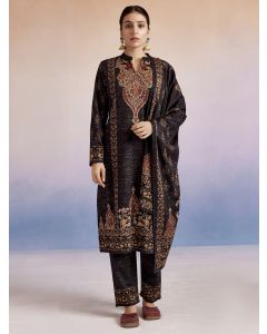 Black Woolen Ethnic Printed Kurta Set With Dupatta