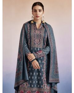 Sea Green Woolen Floral Printed Kurta Set With Dupatta