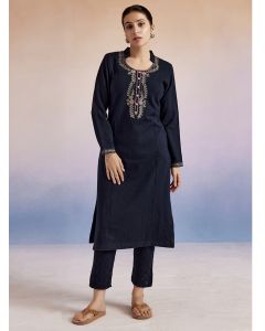 Navy Blue Embroidered Woolen Straight Kurta
