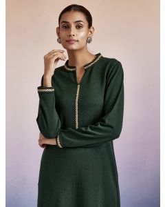 Dark Green Embroidered Straight Woolen Kurta