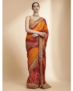 Traditional Bandhani Embroidered Yellow Pure Georgette Saree