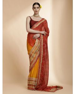 Traditional Bandhani Embroidered Red Pure Georgette Saree