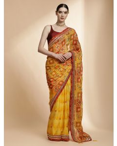 Festive Yellow Bandhani Embroidered Pure Georgette Saree