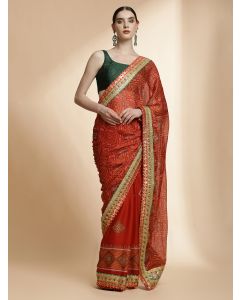 Red Traditional Embroidered Bandhani Pure Georgette Saree