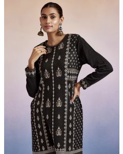 Ethnic Motif Printed Black Woolen Kurta Set