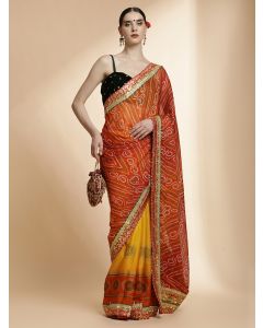 Yellow Traditional Embroidered Bandhani Pure Georgette Saree