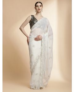 Party Wear Embroidered Pure Georgette White Saree