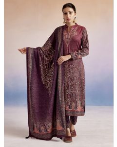 Pink Woolen Floral Printed Kurta Set With Dupatta