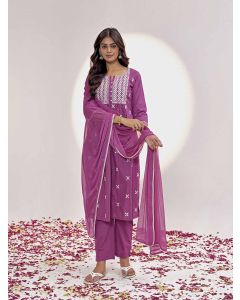 Magenta Threadwork Embroidered Pure Cotton Kurta Set With Dupatta
