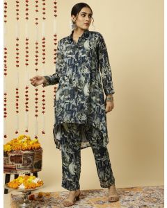 Grey Abstract Printed Embroidered Co ord Set