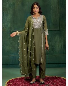 Dark Green Resham Embroidered Festive Kurta Set With Dupatta