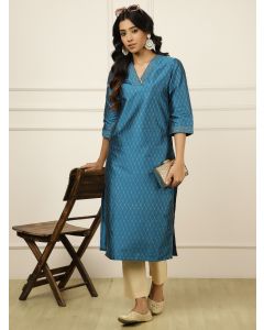Teal Blue Ethnic Printed Straight Kurta 