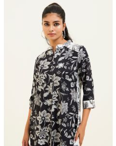 Black Floral Printed A-line Viscose Rayon Kurta