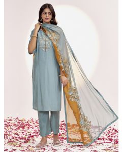 Sea Blue Resham Embroidered Festive Kurta Set With Dupatta