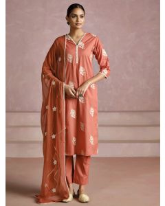 Rust Thread Embroidered Cotton Kurta Set With Dupatta