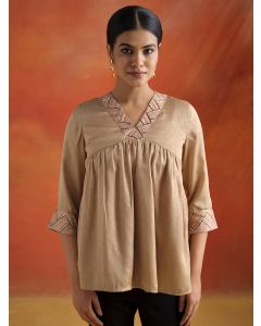 Resham Embroidered Gathered Top-1B24TOPSR005-BEIGE