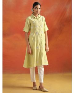 Mirror Work Viscose Chanderi A-line Kurta-1A24KRTAR007-LIME GREEN