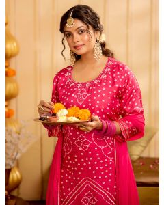 Fuchsia Bandhani Printed Festive Kurta Set With Dupatta