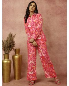 Pink Tropical Floral Printed Shirt With Pants Co-ord Set