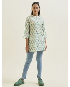 Turquoise Blue Ethnic Printed Short Kurta