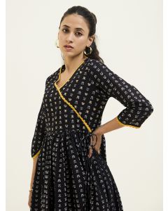 Black Handblock Printed Gathered Kurta