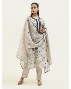 Beige Floral Printed Embroidered Suit Set 