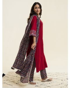 Maroon Embroidered Cotton Kurta Set With Dupatta 