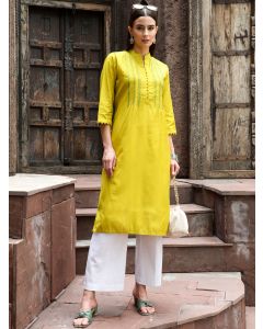 Embroidered Mustard Pintuck Straight Kurta