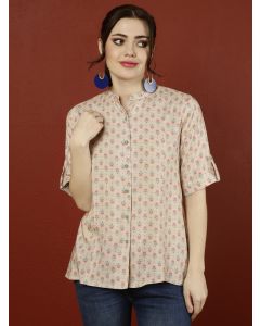 Beige Ethnic Printed Princess Cut Formal Top