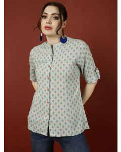 Blue Ethnic Printed Princess Cut Formal Top