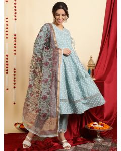 Light Blue Festive Printed Anarkali Kurta Set With Handblock Dupatta