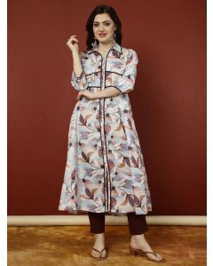 Peach Floral Printed And Embroidered A-line Kurta 
