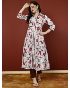 Pink Floral Printed And Embroidered A-line Kurta 
