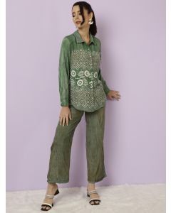 Dark Green Hand Tie -Dye Bagru Printed Office Co-ord Set 